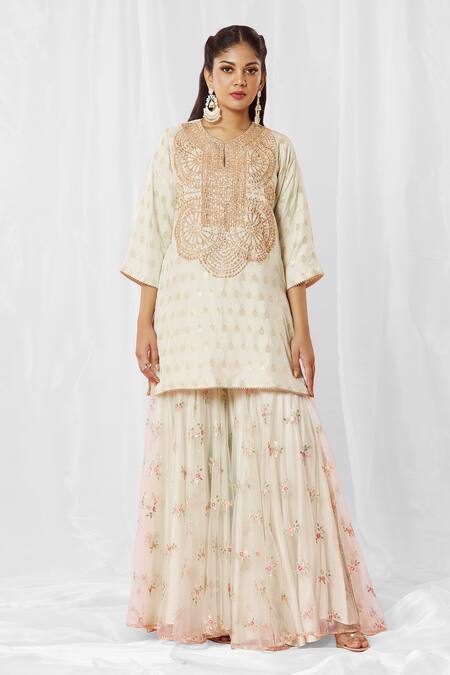 Bhairavi Jaikishan_Green Chanderi Silk, Net Sequins, Embroidery Split Butti Kurta Sharara Set_Online_at_Aza_Fashions