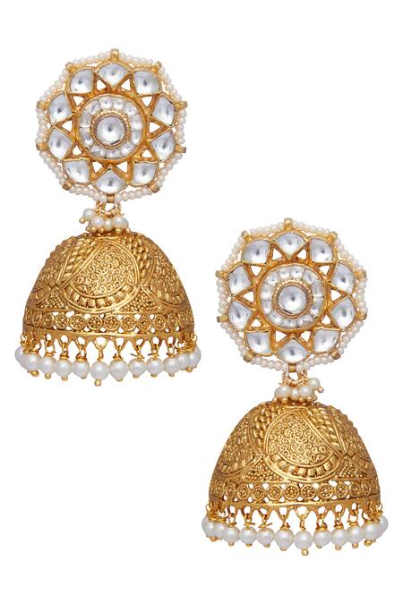 Shop Anjali Jain Gold Plated Circular Head Carved Jhumkas at Aza Fashions Shop_Anjali Jain_Gold Plated Circular Head Carved Jhumkas_at_Aza_Fashions