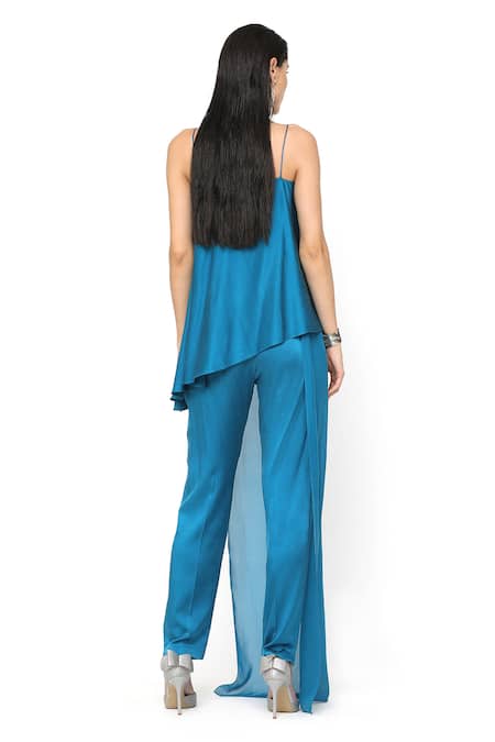 Shop Rohit Gandhi + Rahul Khanna Blue Satin Embellishments Square Neck Asymmetric Layered Top at Aza Fashions Shop_Rohit Gandhi + Rahul Khanna_Blue Satin Embellishments Square Neck Asymmetric Layered Top _at_Aza_Fashions