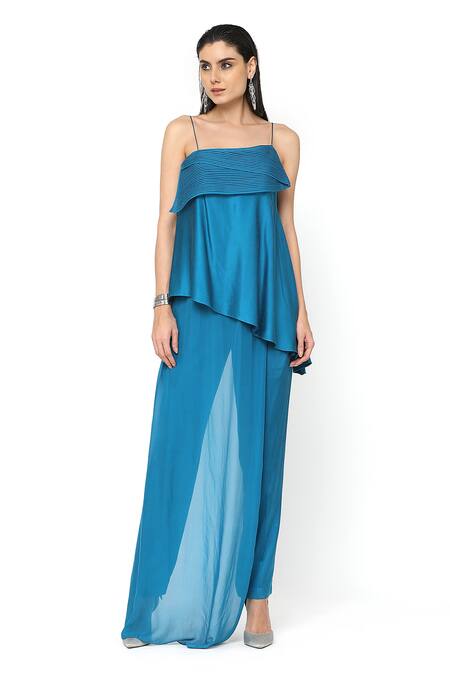 Buy Rohit Gandhi + Rahul Khanna Blue Satin Embellishments Square Neck Asymmetric Layered Top Online at Aza Fashions Buy_Rohit Gandhi + Rahul Khanna_Blue Satin Embellishments Square Neck Asymmetric Layered Top _Online_at_Aza_Fashions