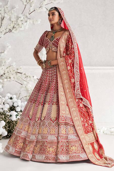 Annus Creation_Red Silk, Organza, Chanderi Embroidery, Sequins Resham Bridal Lehenga Set_Online_at_Aza_Fashions