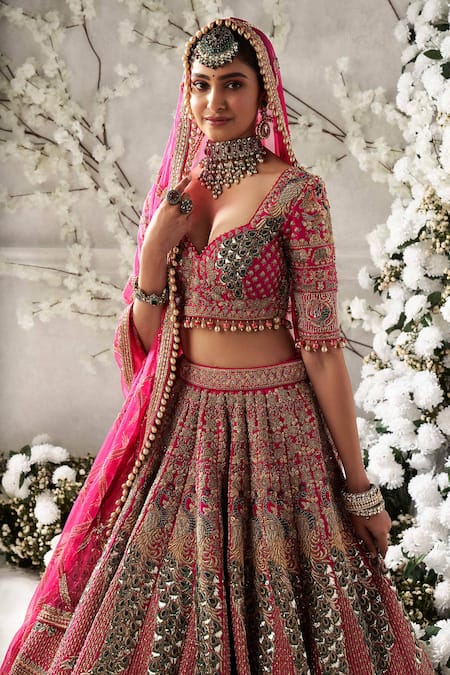 Buy Hot Pink Embroidered Velvet lehenga Choli Online At Ethnic Plus