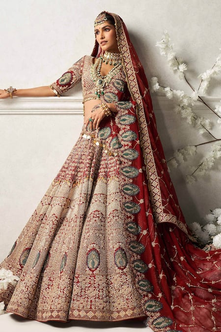 Buy Maroon Lehenga And Blouse Raw Silk Embroidered Anar Phool Bridal Set  For Women by Masaba Online at Aza Fashions.