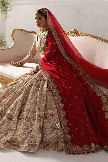 Annus Creation Ivory Silk, Georgette, Organza Mughal Jaal Embroidered Bridal Lehenga Set Online at Aza Fashions Annus Creation_Ivory Silk, Georgette, Organza Mughal Jaal Embroidered Bridal Lehenga Set_Online_at_Aza_Fashions