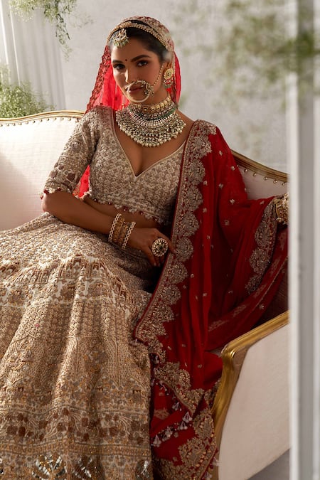 Buy Annus Creation Ivory Silk, Georgette, Organza Mughal Jaal Embroidered Bridal Lehenga Set Online at Aza Fashions Buy_Annus Creation_Ivory Silk, Georgette, Organza Mughal Jaal Embroidered Bridal Lehenga Set_Online_at_Aza_Fashions