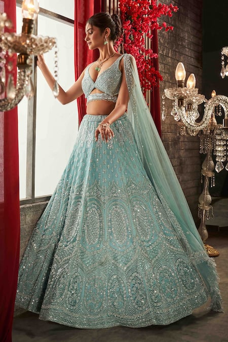 Annus Creation Blue Net Hand Embroidered Cut Dana Plunge V Neck Sequin And Pearl Lehenga Set 