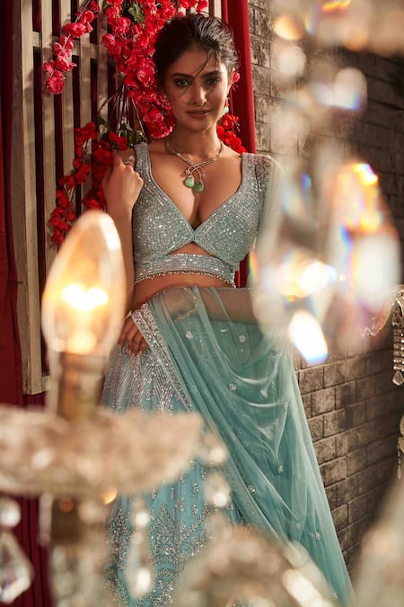Buy Annus Creation Blue Net Sequins, Pearls, Cut Work Plunge Neck And Embroidered Lehenga Set Online at Aza Fashions Buy_Annus Creation_Blue Net Sequins, Pearls, Cut Work Plunge Neck And Embroidered Lehenga Set_Online_at_Aza_Fashions