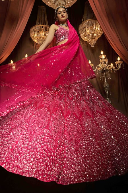 Annus Creation Pink Net Hand Embroidered Cut Dana Cutwork Geometric Sequin Bridal Lehenga Set 