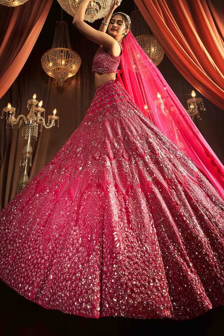 Shop Annus Creation Pink Net Sequins, Pearls, Beads V-neck Geometric Embroidered Bridal Lehenga Set at Aza Fashions Shop_Annus Creation_Pink Net Sequins, Pearls, Beads V-neck Geometric Embroidered Bridal Lehenga Set_at_Aza_Fashions