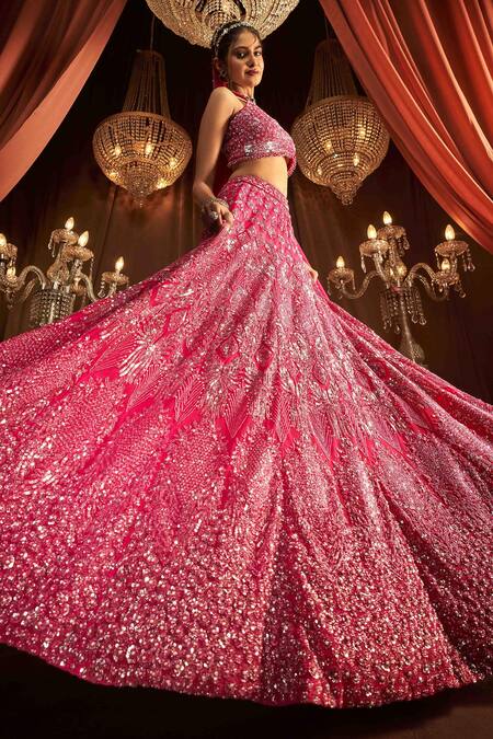 Annus Creation Pink Net Sequins, Pearls, Beads V-neck Geometric Embroidered Bridal Lehenga Set Online at Aza Fashions Annus Creation_Pink Net Sequins, Pearls, Beads V-neck Geometric Embroidered Bridal Lehenga Set_Online_at_Aza_Fashions