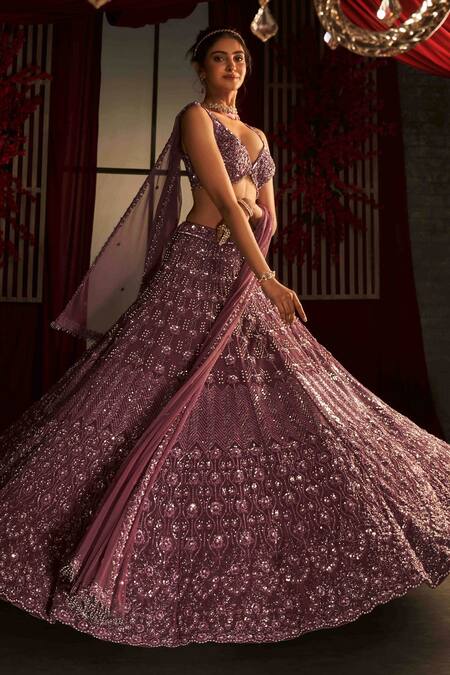 Annus Creation Purple Net Cut Work, Sequins, Pearls Plunge Dana Embroidered Bridal Lehenga Set Online at Aza Fashions Annus Creation_Purple Net Cut Work, Sequins, Pearls Plunge Dana Embroidered Bridal Lehenga Set_Online_at_Aza_Fashions