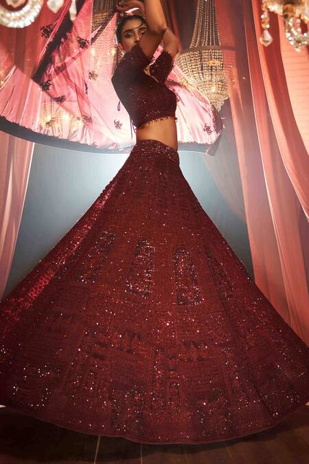 Buy Annus Creation Wine Net Beads, Sequins Round Neck And Embroidered Bridal Lehenga Set Online at Aza Fashions Buy_Annus Creation_Wine Net Beads, Sequins Round Neck And Embroidered Bridal Lehenga Set_Online_at_Aza_Fashions