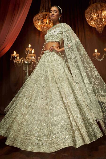Annus Creation_Ivory Net Pearls, Sequins Round Neck And Cut Dana Embroidered Bridal Lehenga Set_Online_at_Aza_Fashions