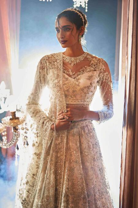 Buy_Annus Creation_Ivory Net Pearls, Sequins Round Neck And Cut Dana Embroidered Bridal Lehenga Set_Online_at_Aza_Fashions