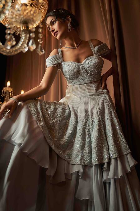 Annus Creation Grey Net Beads, Sequins, Pearls Embroidered Anarkali And Ruffle Lehenga Set Online at Aza Fashions Annus Creation_Grey Net Beads, Sequins, Pearls Embroidered Anarkali And Ruffle Lehenga Set_Online_at_Aza_Fashions