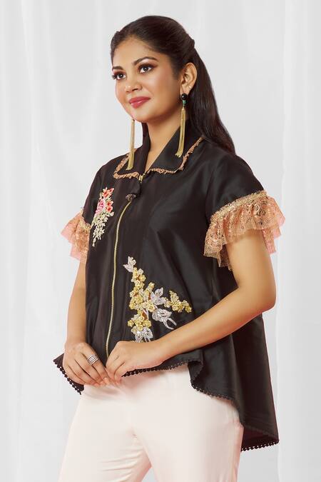 Shop_Bhairavi Jaikishan_Black Taffeta Embroidered Sequin Shirt Collar Floral High Low Jacket_Online_at_Aza_Fashions