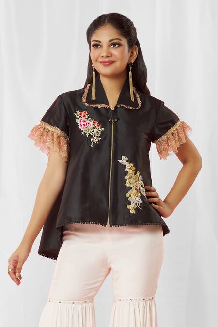 Bhairavi Jaikishan_Black Taffeta Embroidered Sequin Shirt Collar Floral High Low Jacket_Online_at_Aza_Fashions