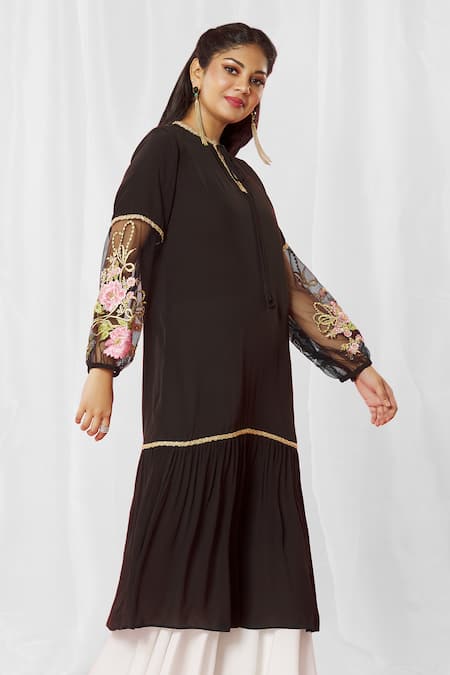 Bhairavi Jaikishan_Black Crepe Embroidered Sequin Tie-up Sheer Sleeve Panel Tunic_Online_at_Aza_Fashions