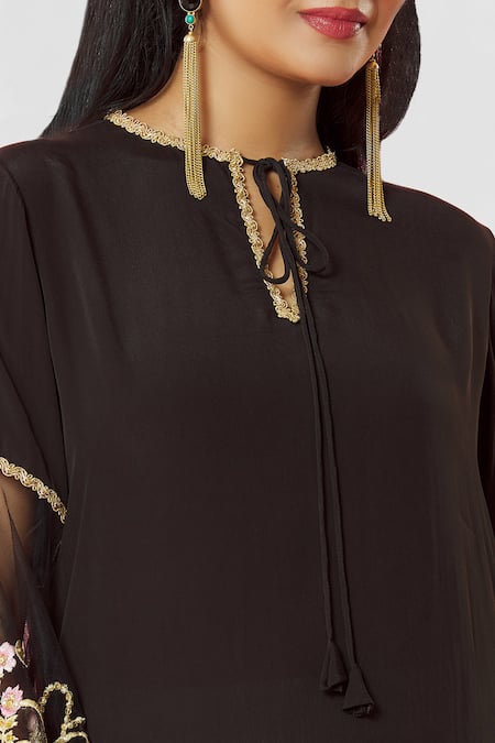 Bhairavi Jaikishan_Black Crepe Embroidered Sequin Tie-up Sheer Sleeve Panel Tunic_at_Aza_Fashions
