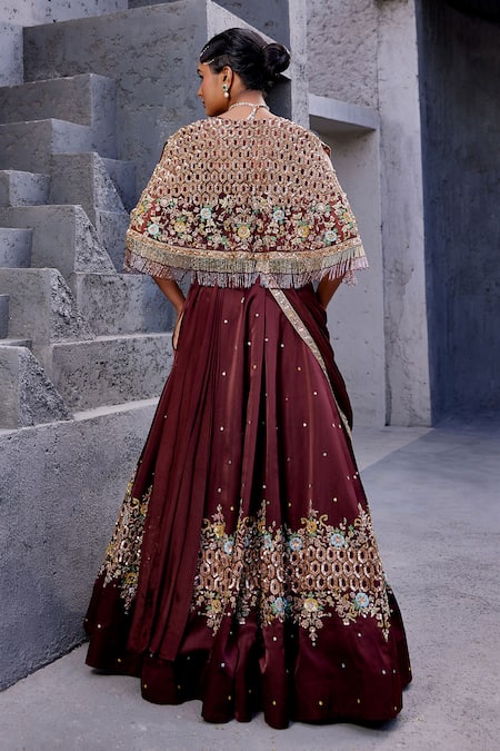 Shop Miku Kumar Brown Net, Chiffon, Viscose Tassels, Embroidery V-neck Jacket Lehenga Set at Aza Fashions Shop_Miku Kumar_Brown Net, Chiffon, Viscose Tassels, Embroidery V-neck Jacket Lehenga Set _at_Aza_Fashions