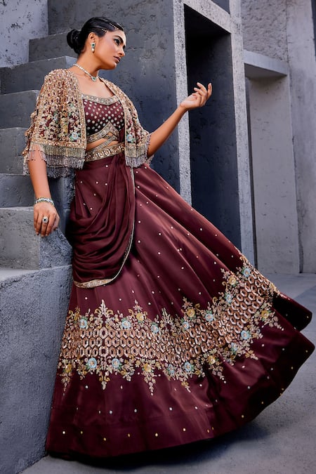 Miku Kumar Brown Net, Chiffon, Viscose Tassels, Embroidery V-neck Jacket Lehenga Set Online at Aza Fashions Miku Kumar_Brown Net, Chiffon, Viscose Tassels, Embroidery V-neck Jacket Lehenga Set _Online_at_Aza_Fashions