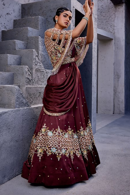 Buy Miku Kumar Brown Net, Chiffon, Viscose Tassels, Embroidery V-neck Jacket Lehenga Set Online at Aza Fashions Buy_Miku Kumar_Brown Net, Chiffon, Viscose Tassels, Embroidery V-neck Jacket Lehenga Set _Online_at_Aza_Fashions