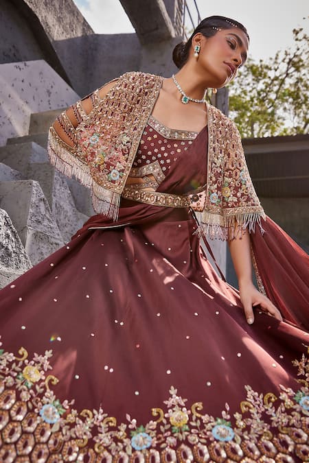 Shop Miku Kumar Brown Net, Chiffon, Viscose Tassels, Embroidery V-neck Jacket Lehenga Set Online at Aza Fashions Shop_Miku Kumar_Brown Net, Chiffon, Viscose Tassels, Embroidery V-neck Jacket Lehenga Set _Online_at_Aza_Fashions