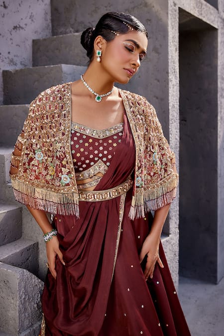Miku Kumar Brown Net, Chiffon, Viscose Tassels, Embroidery V-neck Jacket Lehenga Set at Aza Fashions Miku Kumar_Brown Net, Chiffon, Viscose Tassels, Embroidery V-neck Jacket Lehenga Set _at_Aza_Fashions