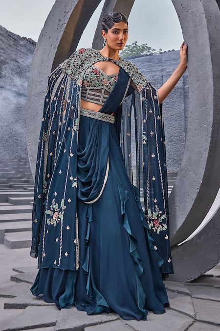 Miku Kumar Blue Georgette, Viscose Tassels V-neck Embroidered Cape Draped Lehenga Set 