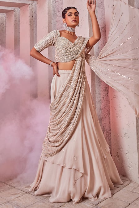 Miku Kumar Embroidered Draped Choli & Lehenga Set 