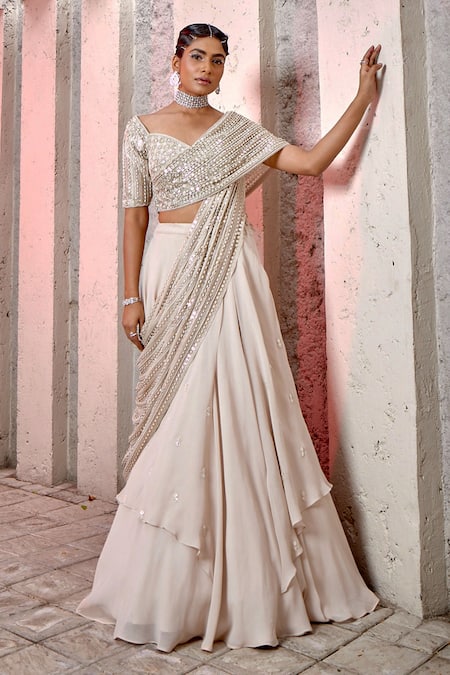 Miku Kumar Ivory Silk, Net, Georgette Sequins V-neck Embroidered Draped Choli And Lehenga Set Online at Aza Fashions Miku Kumar_Ivory Silk, Net, Georgette Sequins V-neck Embroidered Draped Choli And Lehenga Set _Online_at_Aza_Fashions