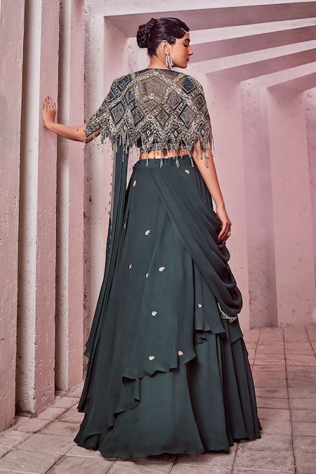 Shop Miku Kumar Green Silk, Net, Georgette Tassels, Embroidery V-neck Cape Draped Lehenga Set at Aza Fashions Shop_Miku Kumar_Green Silk, Net, Georgette Tassels, Embroidery V-neck Cape Draped Lehenga Set _at_Aza_Fashions