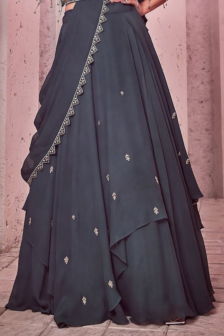 Miku Kumar Green Silk, Net, Georgette Tassels, Embroidery V-neck Cape Draped Lehenga Set Online at Aza Fashions Miku Kumar_Green Silk, Net, Georgette Tassels, Embroidery V-neck Cape Draped Lehenga Set _Online_at_Aza_Fashions