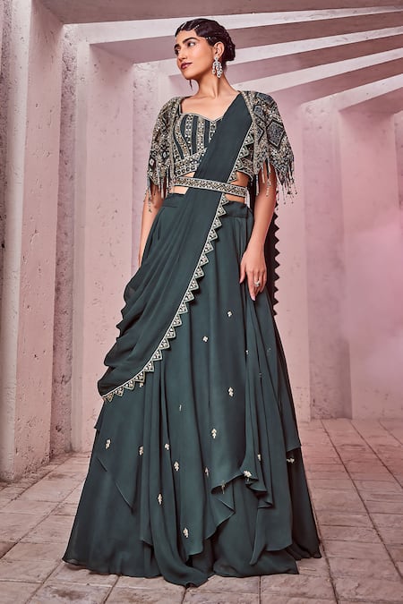 Buy Miku Kumar Green Silk, Net, Georgette Tassels, Embroidery V-neck Cape Draped Lehenga Set Online at Aza Fashions Buy_Miku Kumar_Green Silk, Net, Georgette Tassels, Embroidery V-neck Cape Draped Lehenga Set _Online_at_Aza_Fashions