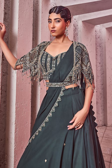 Shop Miku Kumar Green Silk, Net, Georgette Tassels, Embroidery V-neck Cape Draped Lehenga Set Online at Aza Fashions Shop_Miku Kumar_Green Silk, Net, Georgette Tassels, Embroidery V-neck Cape Draped Lehenga Set _Online_at_Aza_Fashions