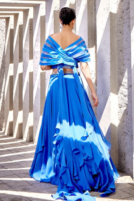 Shop Miku Kumar Blue Net, Georgette, Viscose Embroidery V-neck Stripe Pattern Cape Skirt Set at Aza Fashions Shop_Miku Kumar_Blue Net, Georgette, Viscose Embroidery V-neck Stripe Pattern Cape Skirt Set _at_Aza_Fashions