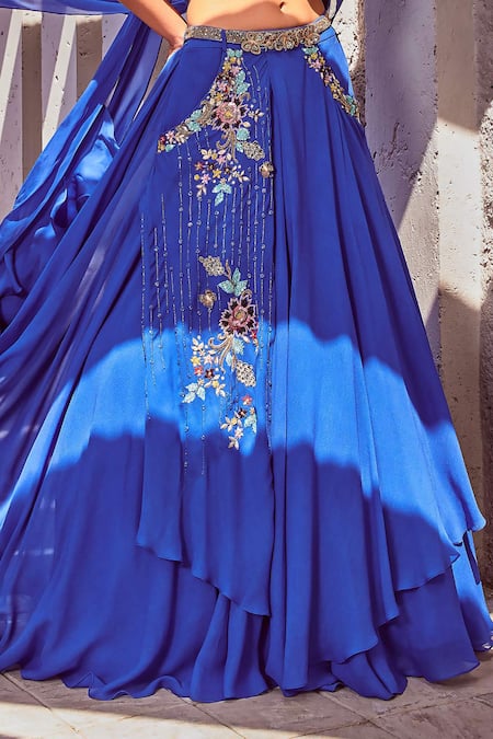 Miku Kumar Blue Net, Georgette, Viscose Embroidery V-neck Stripe Pattern Cape Skirt Set Online at Aza Fashions Miku Kumar_Blue Net, Georgette, Viscose Embroidery V-neck Stripe Pattern Cape Skirt Set _Online_at_Aza_Fashions