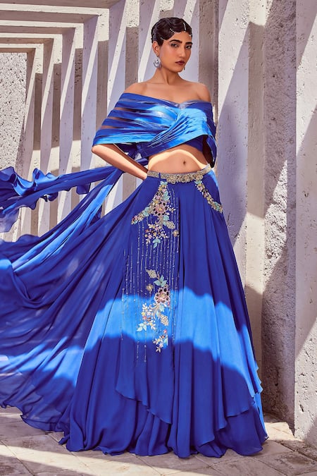 Buy Miku Kumar Blue Net, Georgette, Viscose Embroidery V-neck Stripe Pattern Cape Skirt Set Online at Aza Fashions Buy_Miku Kumar_Blue Net, Georgette, Viscose Embroidery V-neck Stripe Pattern Cape Skirt Set _Online_at_Aza_Fashions