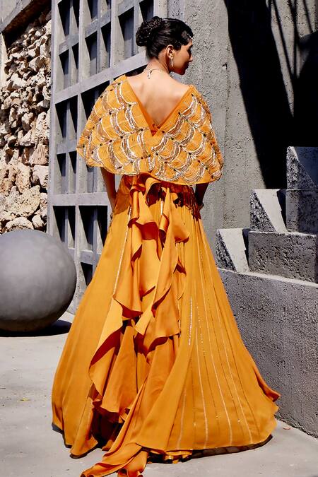 Buy_Miku Kumar_Orange Net, Georgette Beads, Embroidery V-neck Cape Lehenga Set_Online_at_Aza_Fashions
