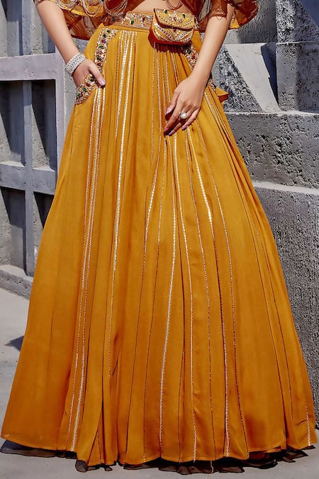 Shop_Miku Kumar_Orange Net, Georgette Beads, Embroidery V-neck Cape Lehenga Set_Online_at_Aza_Fashions