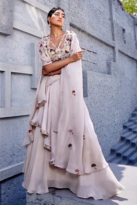 Miku Kumar_Ivory Viscose, Satin, Organza, Floral Embroidered Cape Draped Skirt Set _Online_at_Aza_Fashions