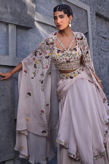 Buy_Miku Kumar_Ivory Viscose, Satin, Organza, Floral Embroidered Cape Draped Skirt Set _Online_at_Aza_Fashions