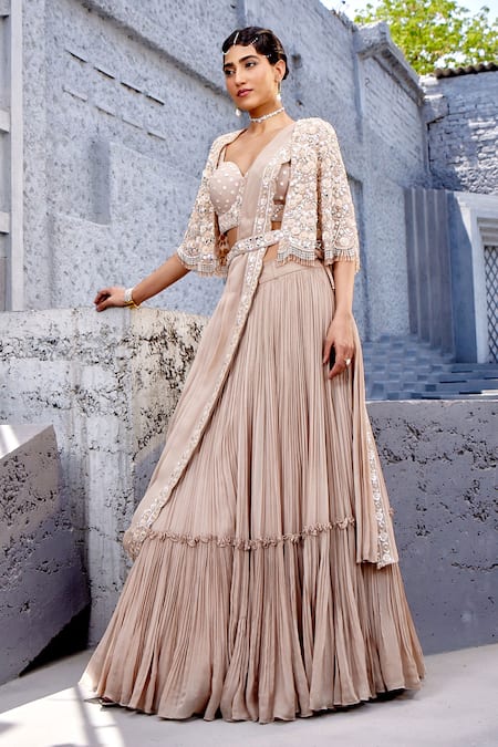 Miku Kumar Ivory Georgette, Viscose Sequins, Cut Work Floral Embroidered Cape Lehenga Set Online at Aza Fashions Miku Kumar_Ivory Georgette, Viscose Sequins, Cut Work Floral Embroidered Cape Lehenga Set _Online_at_Aza_Fashions