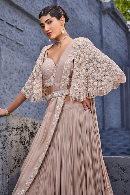 Buy Miku Kumar Ivory Georgette, Viscose Sequins, Cut Work Floral Embroidered Cape Lehenga Set Online at Aza Fashions Buy_Miku Kumar_Ivory Georgette, Viscose Sequins, Cut Work Floral Embroidered Cape Lehenga Set _Online_at_Aza_Fashions