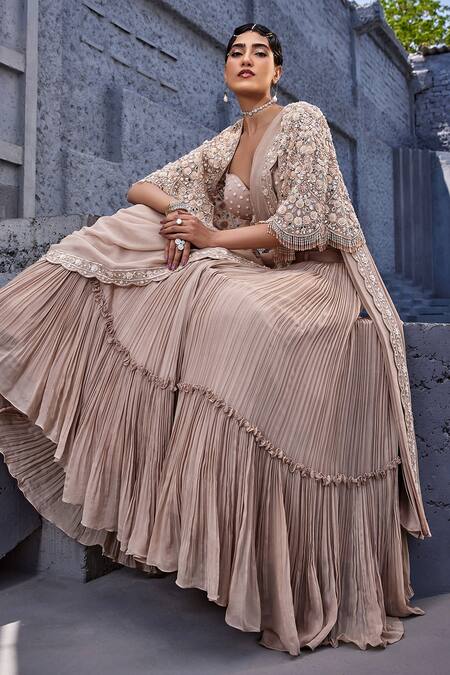 Shop Miku Kumar Ivory Georgette, Viscose Sequins, Cut Work Floral Embroidered Cape Lehenga Set Online at Aza Fashions Shop_Miku Kumar_Ivory Georgette, Viscose Sequins, Cut Work Floral Embroidered Cape Lehenga Set _Online_at_Aza_Fashions