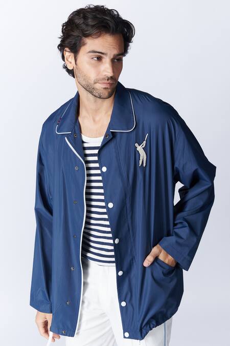 Shop S&N By Shantnu Nikhil Blue Polyester Embroidery Batsman Logo Windbreaker Jacket Online at Aza Fashions Shop_S&N By Shantnu Nikhil_Blue Polyester Embroidery Batsman Logo Windbreaker Jacket_Online_at_Aza_Fashions