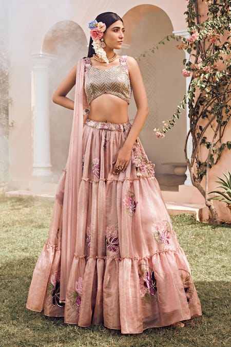 Anu Pellakuru Pink Kota Doria Embroidery Sweetheart Neck Floral Tiered Lehenga Set 