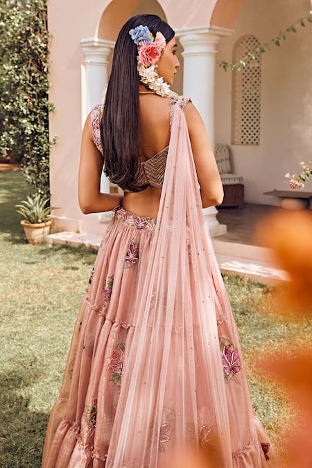 Anu Pellakuru Pink Kota Doria Embroidery Sweetheart Neck Floral Tiered Lehenga Set Online at Aza Fashions Anu Pellakuru_Pink Kota Doria Embroidery Sweetheart Neck Floral Tiered Lehenga Set _Online_at_Aza_Fashions