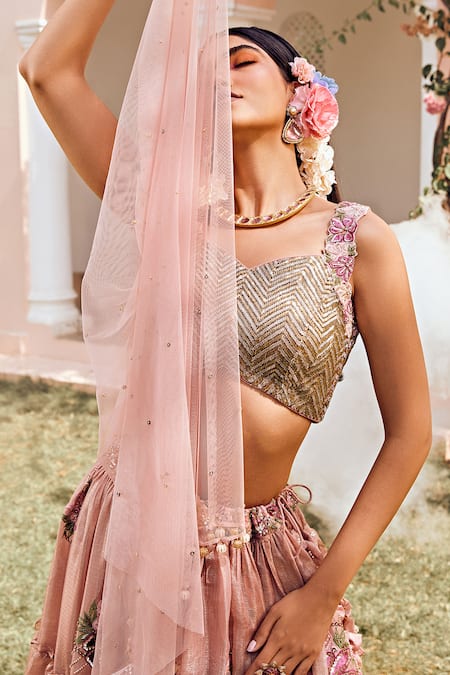 Shop Anu Pellakuru Pink Kota Doria Embroidery Sweetheart Neck Floral Tiered Lehenga Set Online at Aza Fashions Shop_Anu Pellakuru_Pink Kota Doria Embroidery Sweetheart Neck Floral Tiered Lehenga Set _Online_at_Aza_Fashions