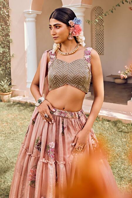 Buy Anu Pellakuru Pink Kota Doria Embroidery Sweetheart Neck Floral Tiered Lehenga Set Buy_Anu Pellakuru_Pink Kota Doria Embroidery Sweetheart Neck Floral Tiered Lehenga Set